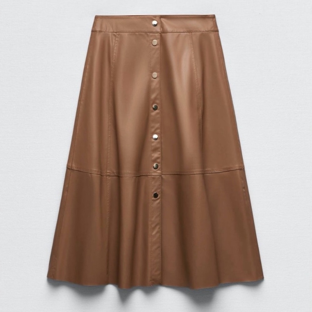 Zara Tan A-Line leather-look Skirt with Button Detail